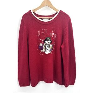 Womens 1X 2X Sweater Red Snowman Knit Holiday Winter Hand Embroidered Roll Neck